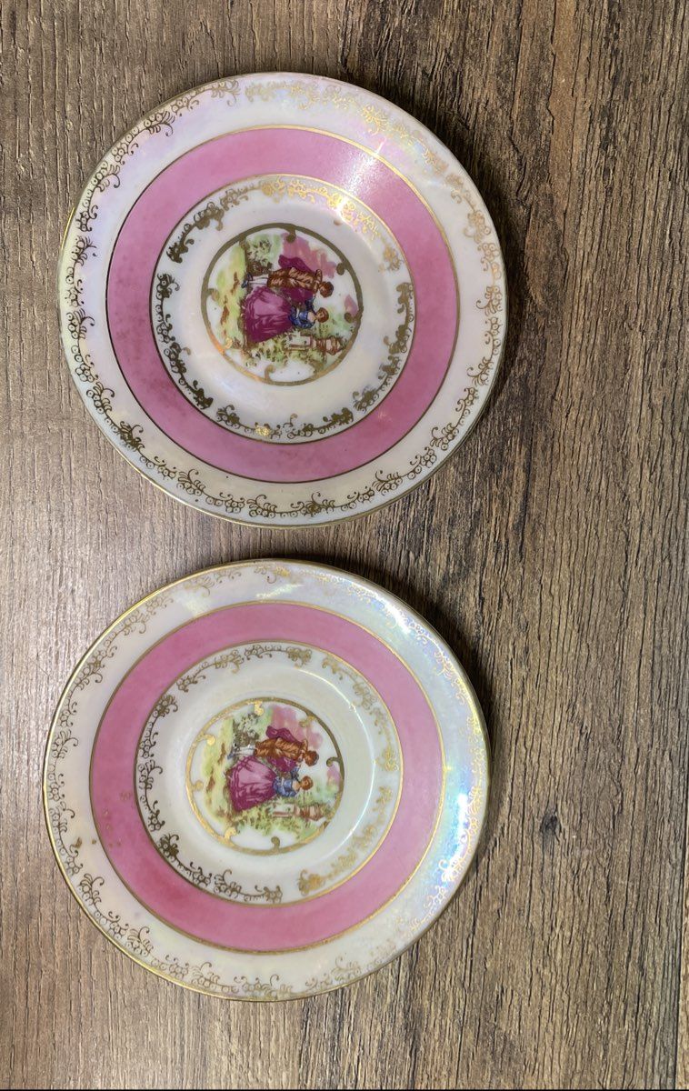 Vintage Lefton China 1798 Courting Couple Teacup & Saucer Set Pink Lusterware