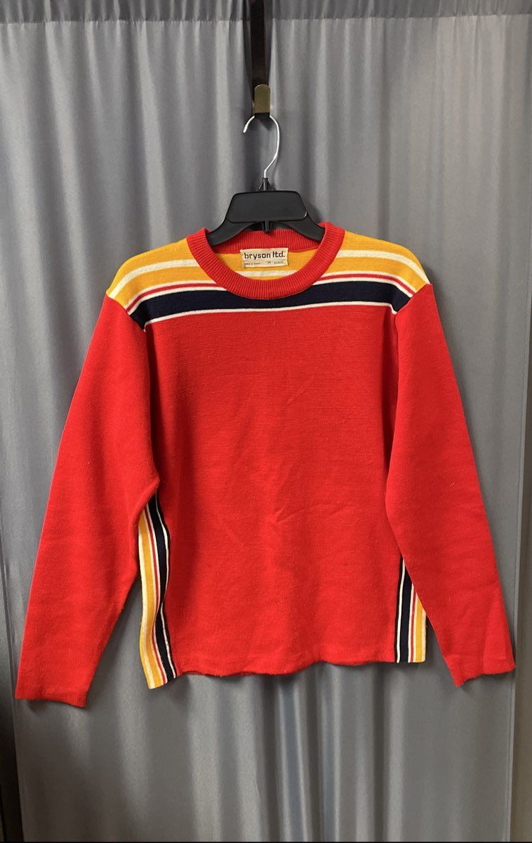 Vintage 70s Bryson Ltd Men's Red Striped Crewneck Acrylic Sweater Sz M
