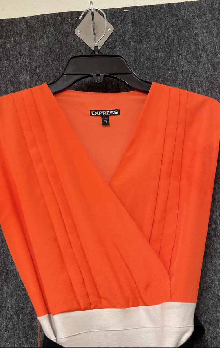 Express Women's Vibrant Orange Beige Colorblock Sheath Dress Belted Sz XS