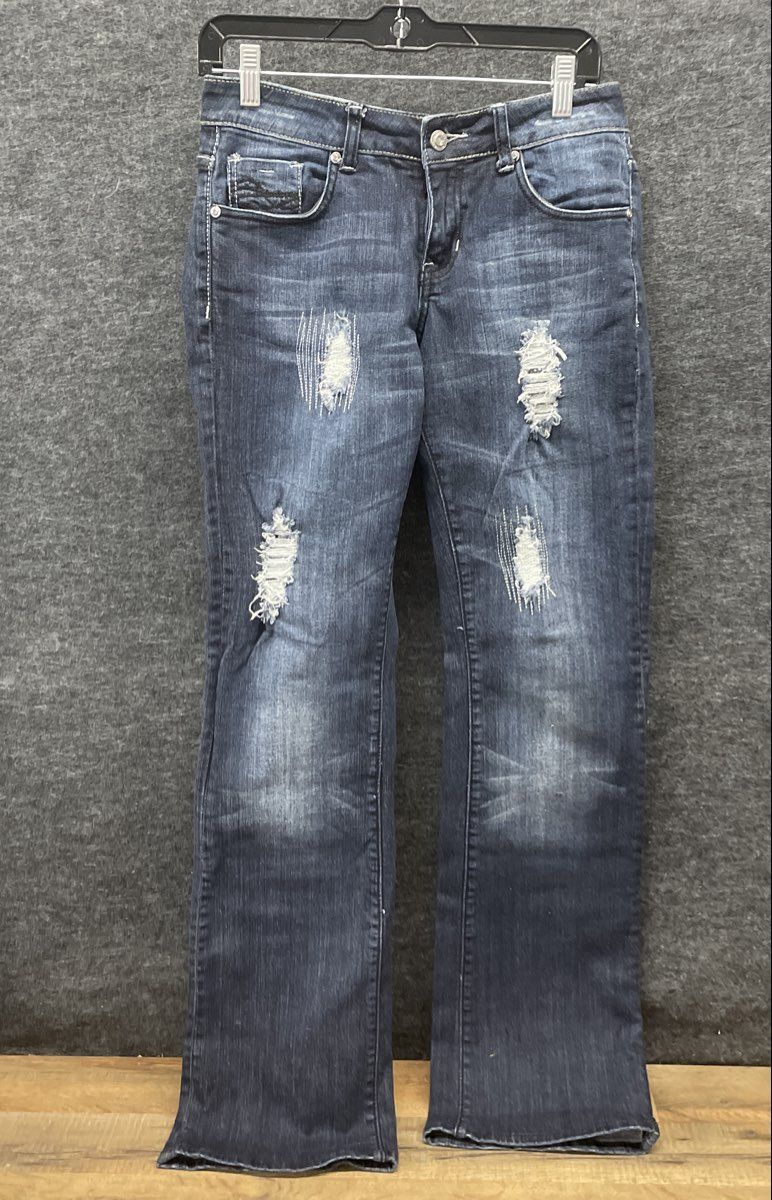 Cowgirl Tuff Women's Distressed Blue Denim Western Bootcut Jeans Sz 27x35