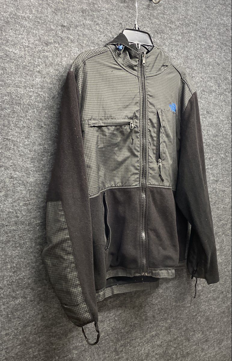 The North Face Men's Black Gray Grid Full Zip Hooded Fleece Jacket Size L