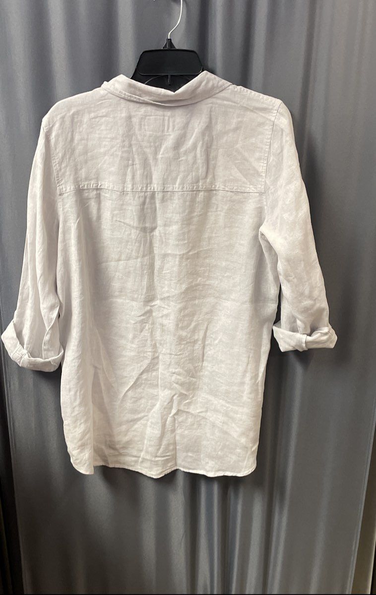 Sigrid Olsen Women's White 100% Linen Roll Tab Sleeve Button Front Shirt Sz M