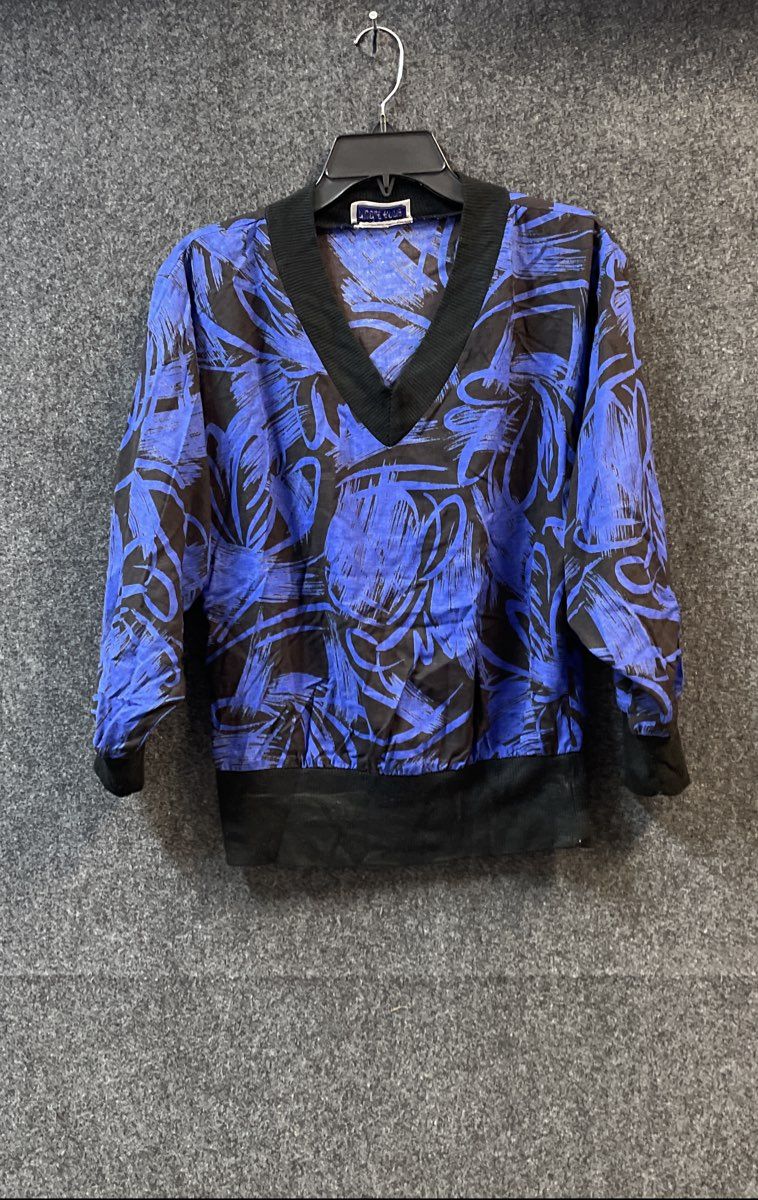 Vintage 80s Nicole Anne Women's Blue Black Abstract Batwing Blouse Size Medium