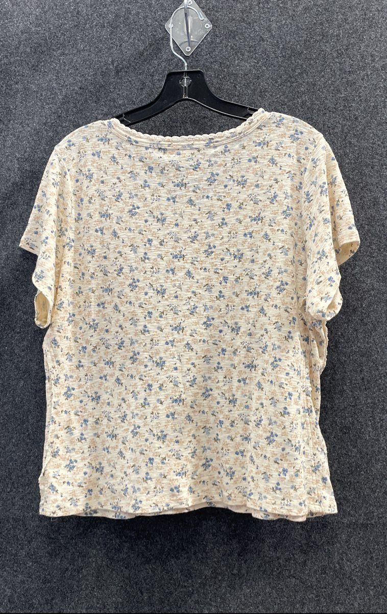 Lucky Brand Women's Cream Blue Floral Henley Short Sleeve Cotton Shirt Sz XXL