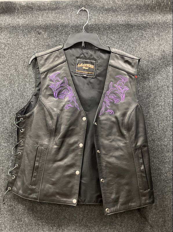 Leather Gear Women's Biker Vest Black Purple Embroidered Lace Up Sz XXL