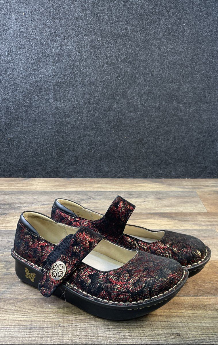 Alegria Paloma Red Black Gold Patterned Leather Mary Jane Shoes Size 38