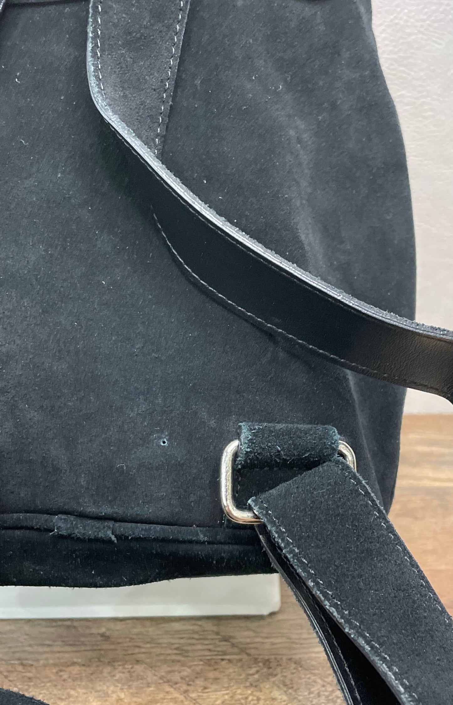 Vintage UGG Australia Black Suede Shearling Drawstring Backpack Silver Hdw