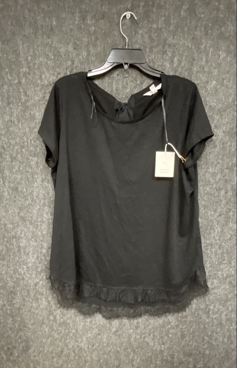 LC Lauren Conrad Women's Black Short Sleeve Lace Hem Tie Back Shirt Sz XL NWT