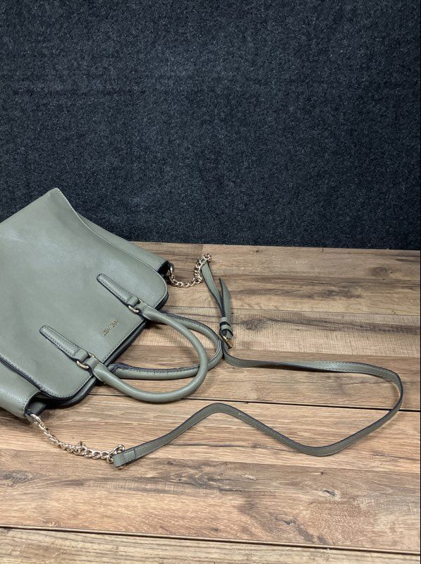Nine West Sage Green Pebbled Faux Leather Satchel Shoulder Bag Gold Chain