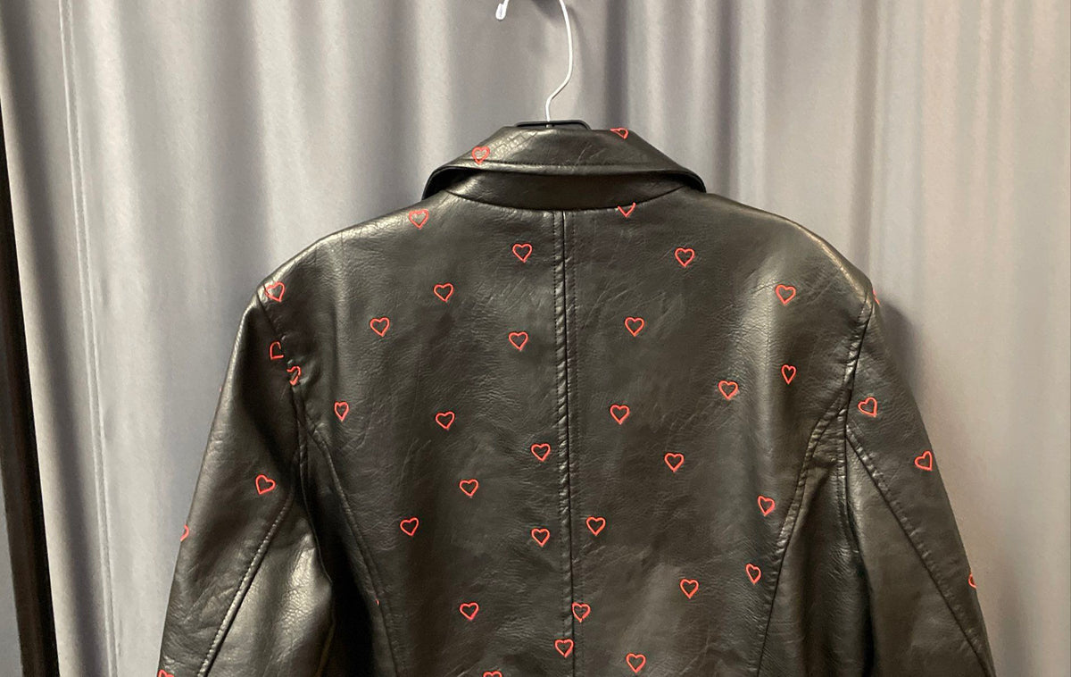 Candie's Women's Black Embroidered Hearts Faux Leather Moto Jacket Sz XL