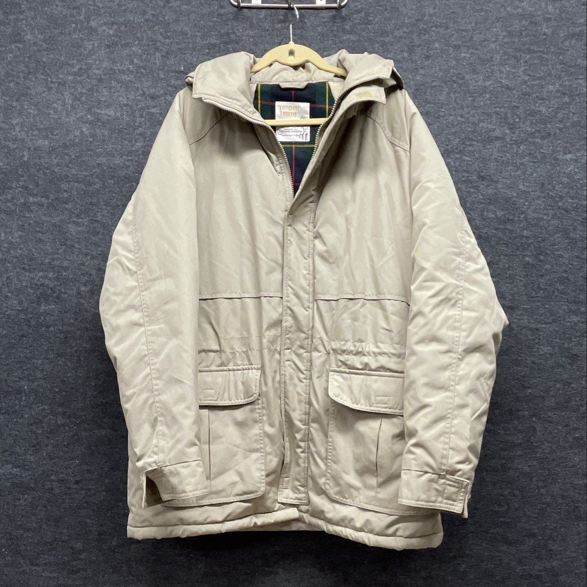 Vintage 80s London Towne Tan Plaid Lined Hooded Parka Jacket Sz XL Long
