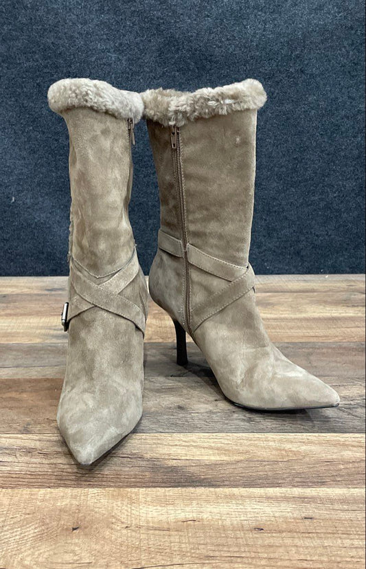Anne Klein Grey Suede Faux Fur Trim Mid-Calf Heeled Boots Size 7.5 M