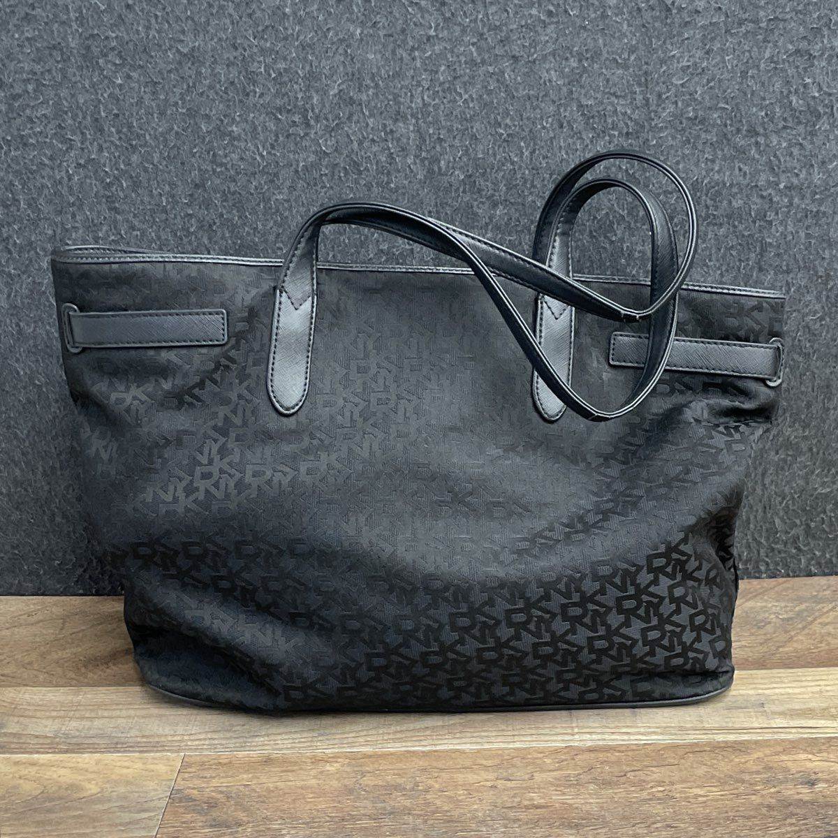 DKNY Black Monogram Logo Jacquard Tote Bag Large Silver Hardware