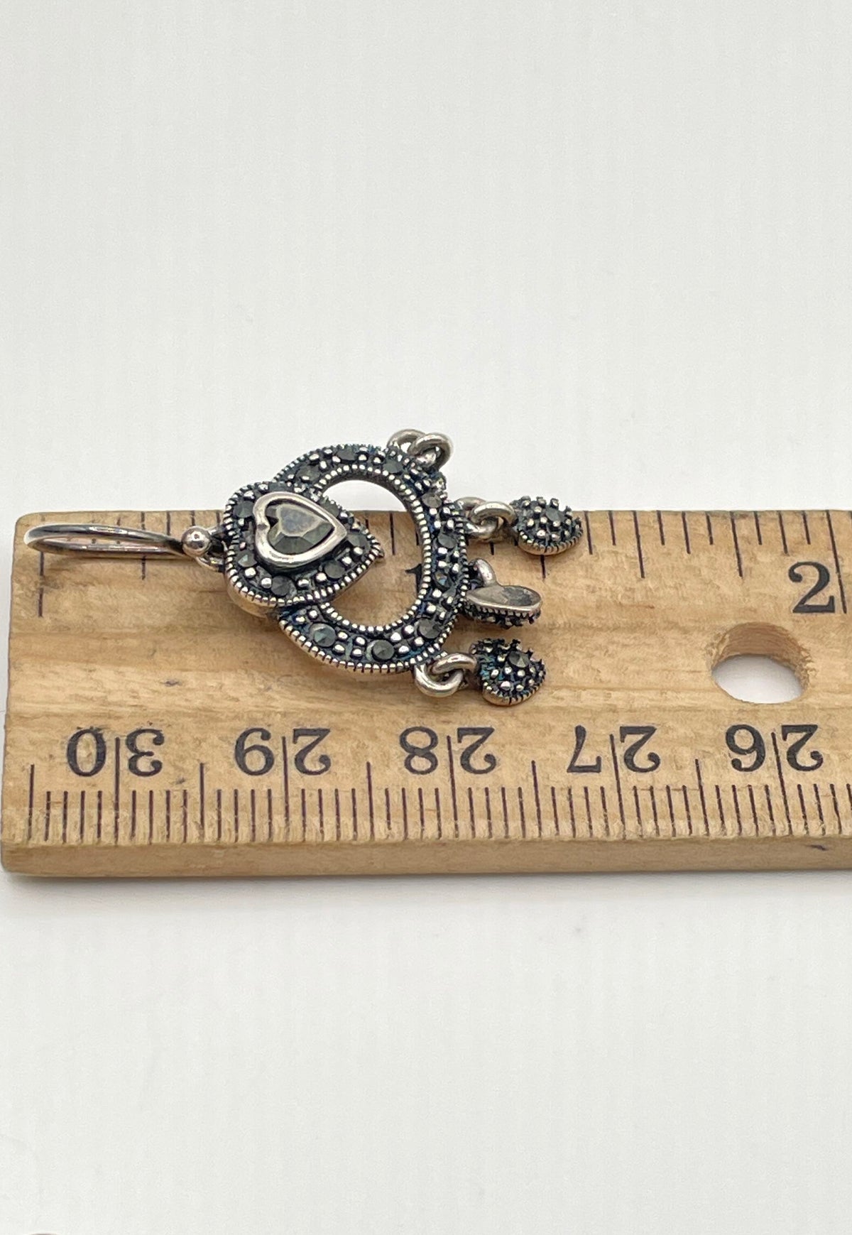 925 Sterling Silver Marcasite Heart Chandelier Dangle Earrings 6.5g