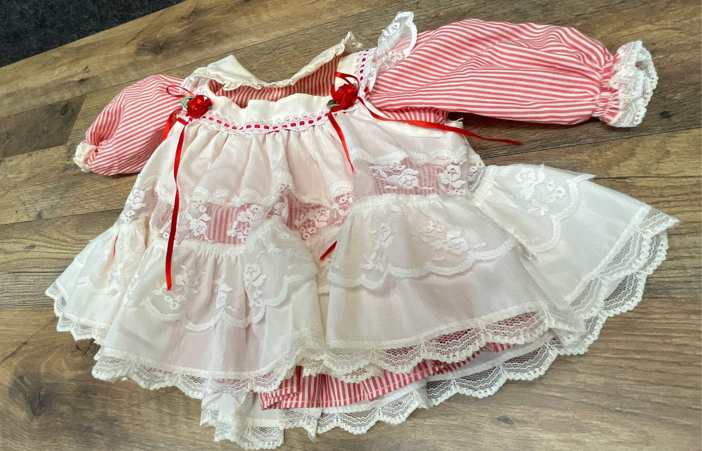 Vintage 80s Bryan Baby Dress Set Red White Striped Lace Pinafore USA Sz 0-3M
