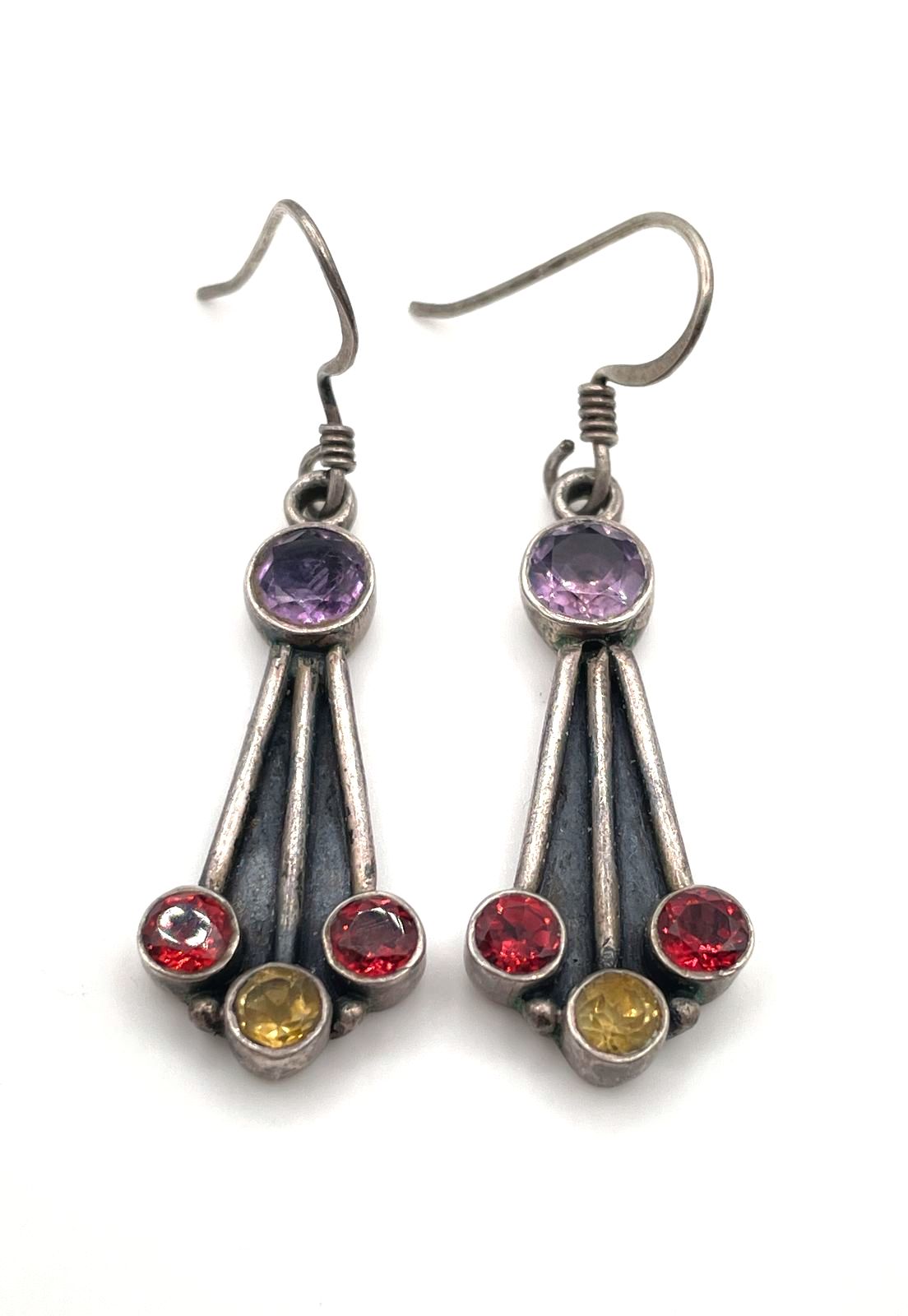 925 Sterling Silver Multicolor Semi-Precious Stones Dangle Earrings 7.5g