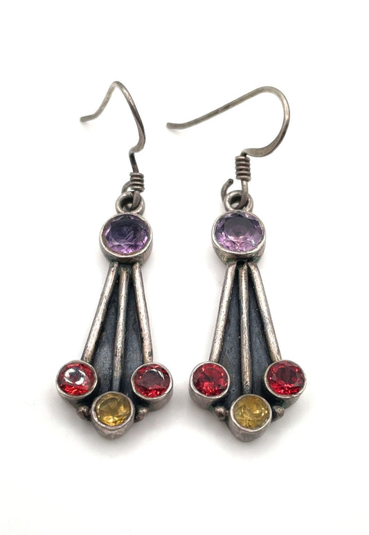 925 Sterling Silver Multicolor Semi-Precious Stones Dangle Earrings 7.5g