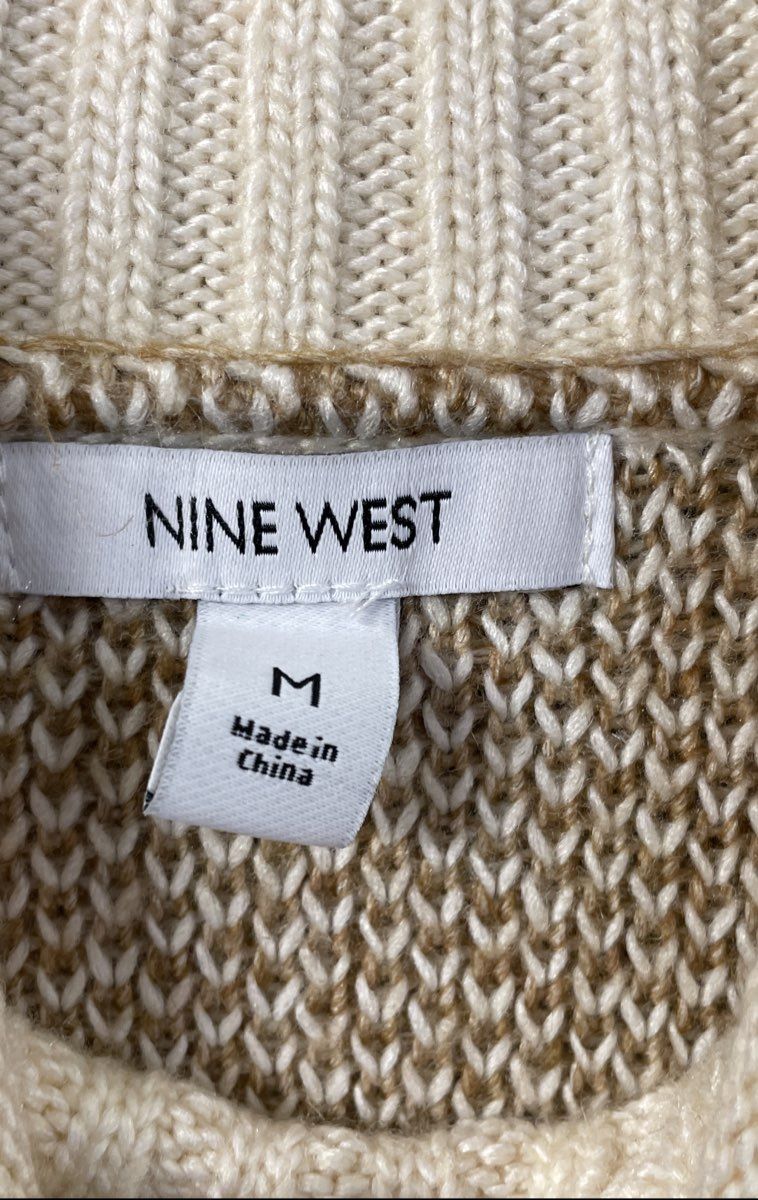 Nine West Women's Sweater Cream Tan Leopard Zebra Print Mock Neck Boxy Sz M