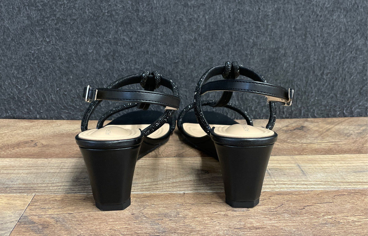 Adrienne Vittadini Adonnis Black Rhinestone T-Strap Wedge Sandals Size 9.5W