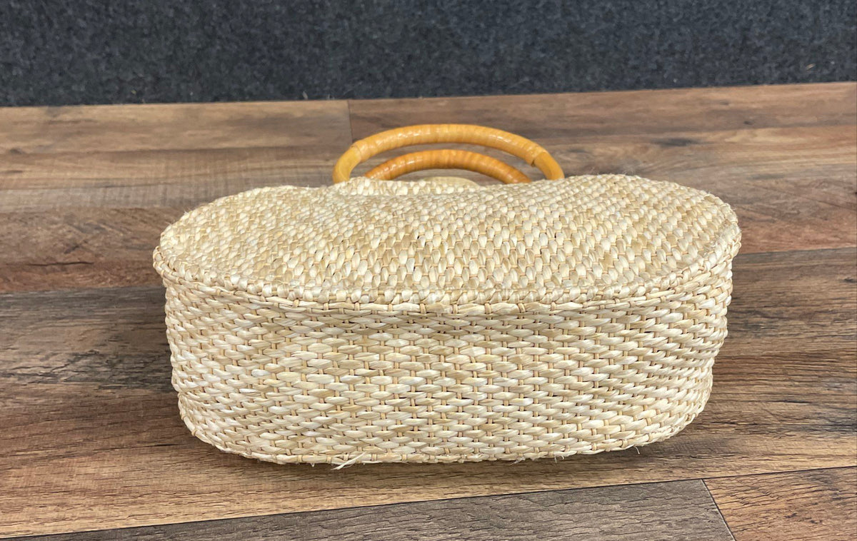 Vintage Fossil Forever Woven Straw Handbag Bamboo Top Handles Postcard Lining