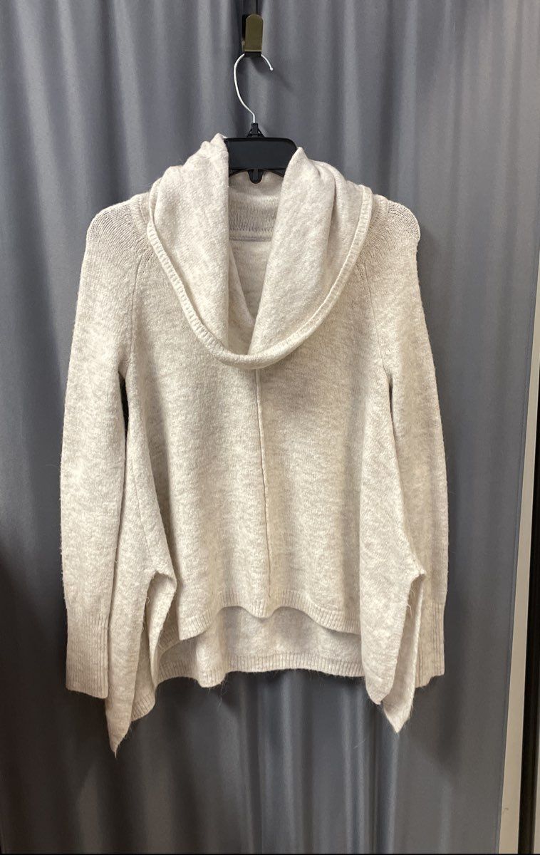 Yet Again Women's Cowl Neck Sweater Cream Oatmeal Alpaca Blend High Low Hem XS