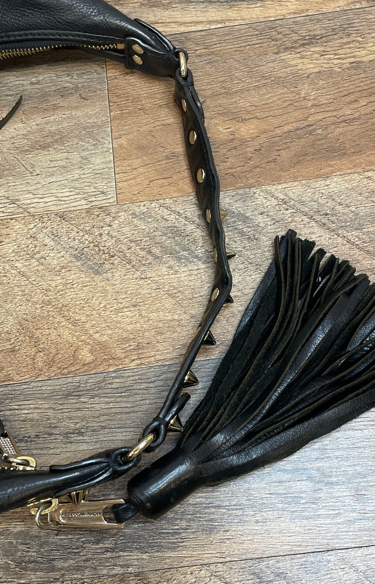 Rebecca Minkoff Black Pebbled Leather Hobo Bag Studded Gold Hardware Tassel