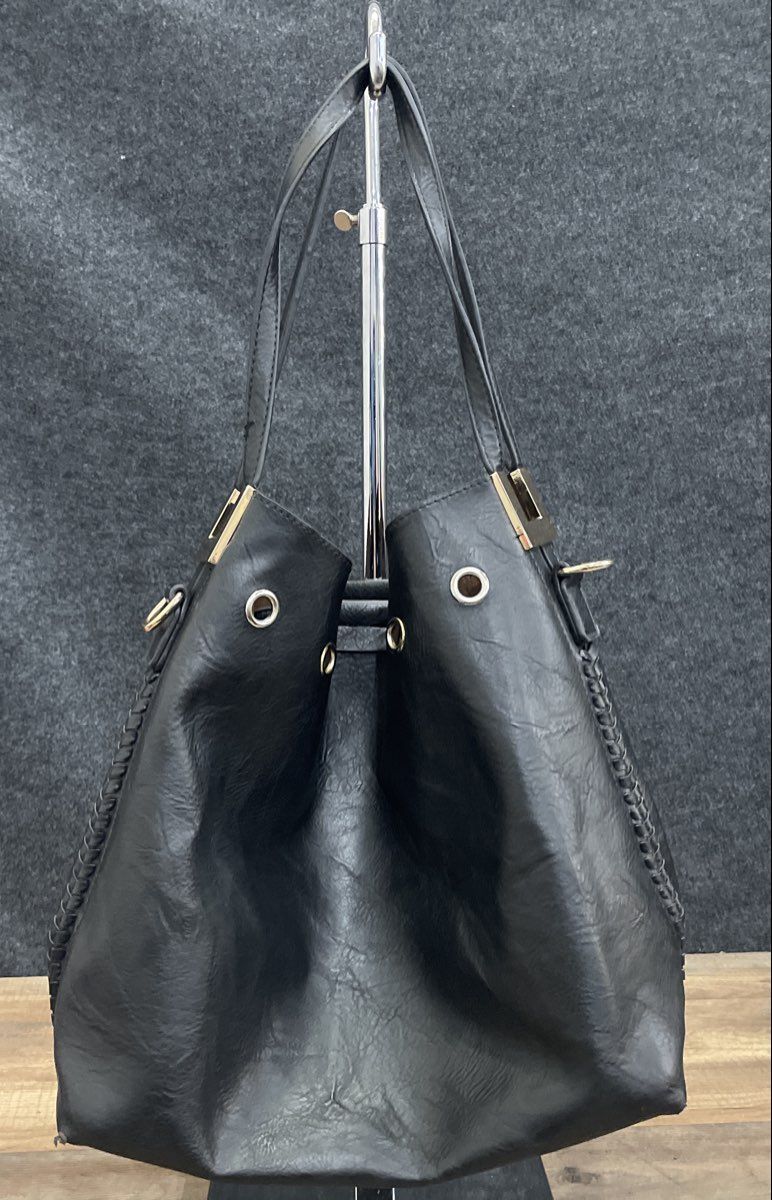 Unbranded Black Leather Tote Bag Gold Tone Grommets Braided Edge Large