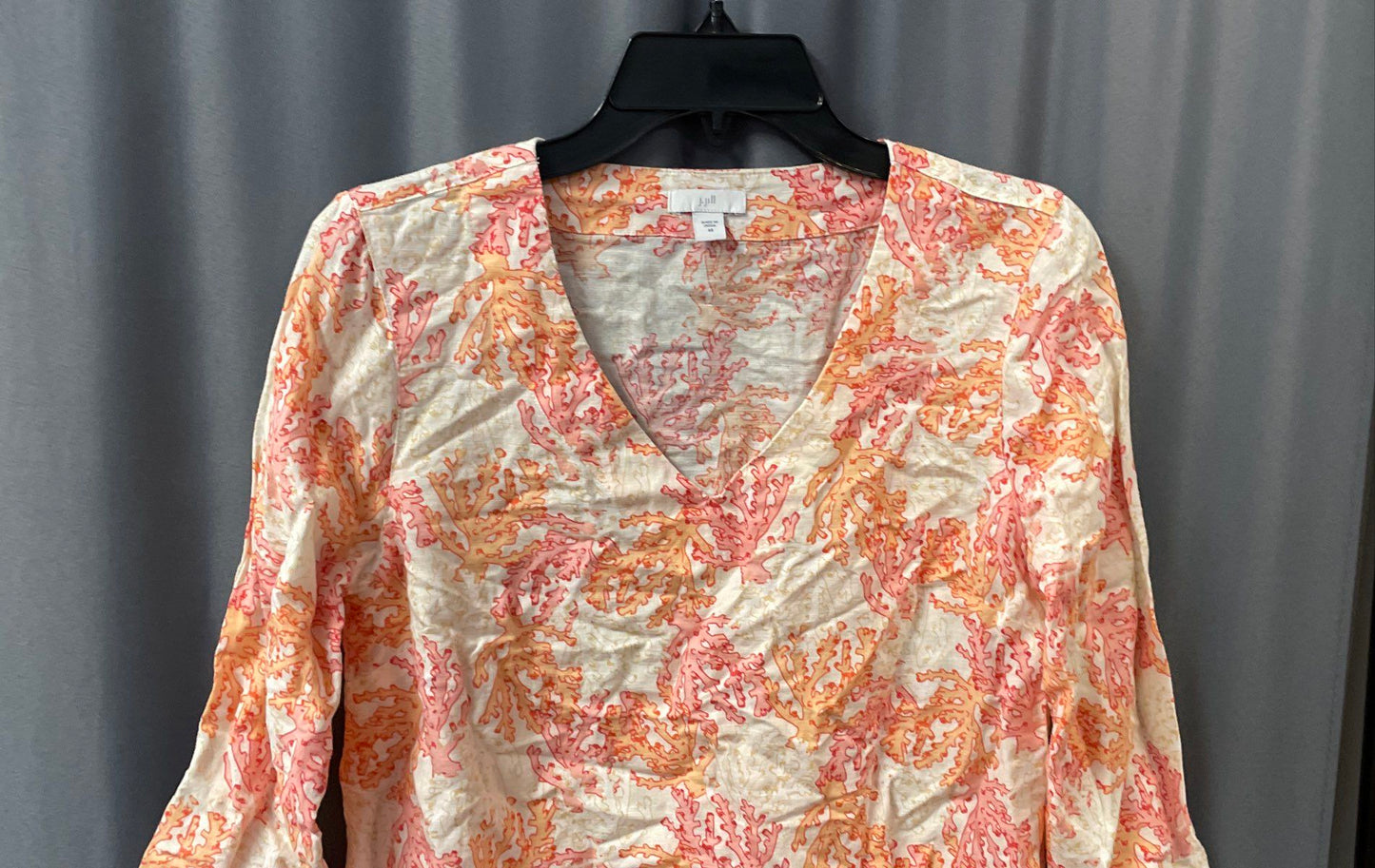 J. Jill Women's Coral V-Neck Top Sea Coral Print Linen Cotton Crochet Trim XS