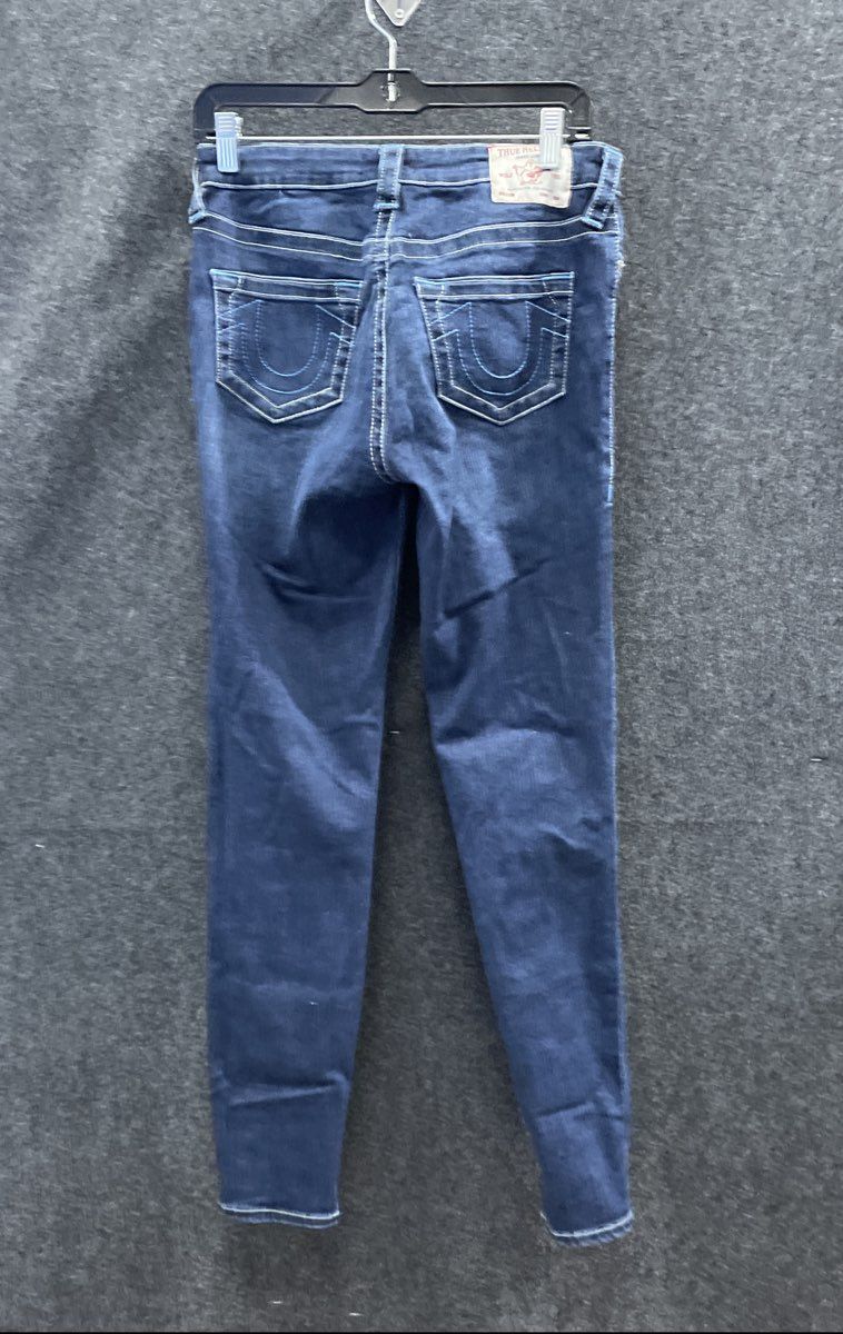 True Religion Women's Halle Mid Rise Super Skinny Blue Distressed Jeans Sz 28