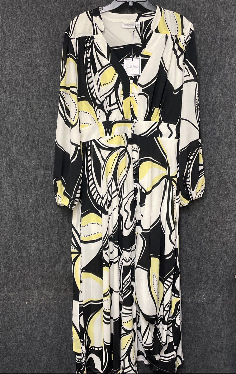 Premier Amour Women's Black Yellow Abstract Floral Maxi Dress V-Neck NWT Sz 16