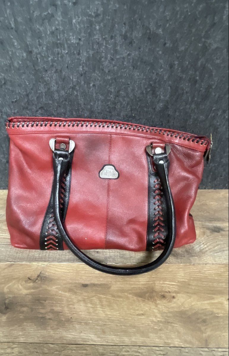Bessel Red and Black Leather Shoulder Bag Tote Woven Trim Silver Hardware