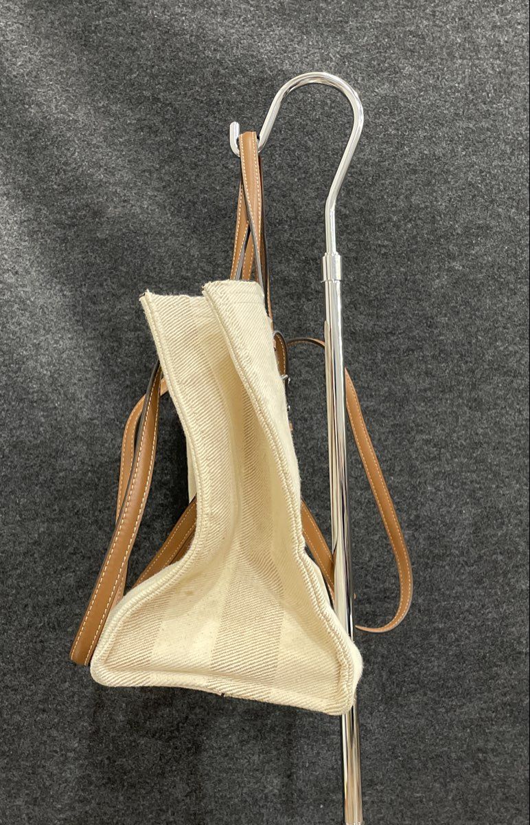 Zara White Striped Fabric Tote Bag Large Shopper Brown Trim Adjustable Straps