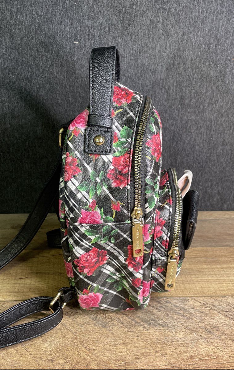 Betsey Johnson Kitsch Mini Backpack Plaid Floral Rose Dog Face Frenchie