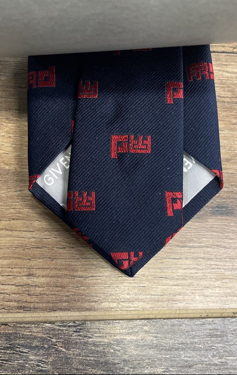 Vintage 80s Givenchy Gentleman Men's Navy Blue Red Logo Silk Tie Original Box
