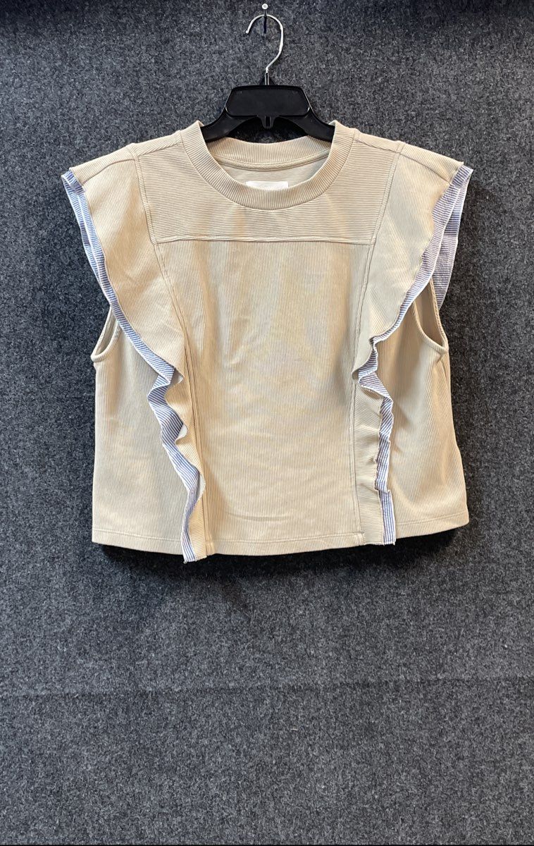 Anthropologie Women's Beige Ruffle Sleeveless Top Pinstripe Button Back Sz L