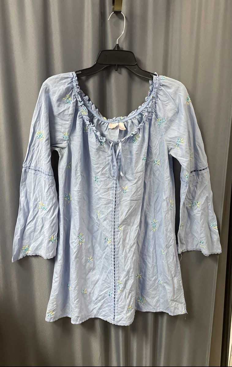 Vintage Y2K Victoria's Secret Women's Blue Embroidered Cotton Peasant Top Sz M