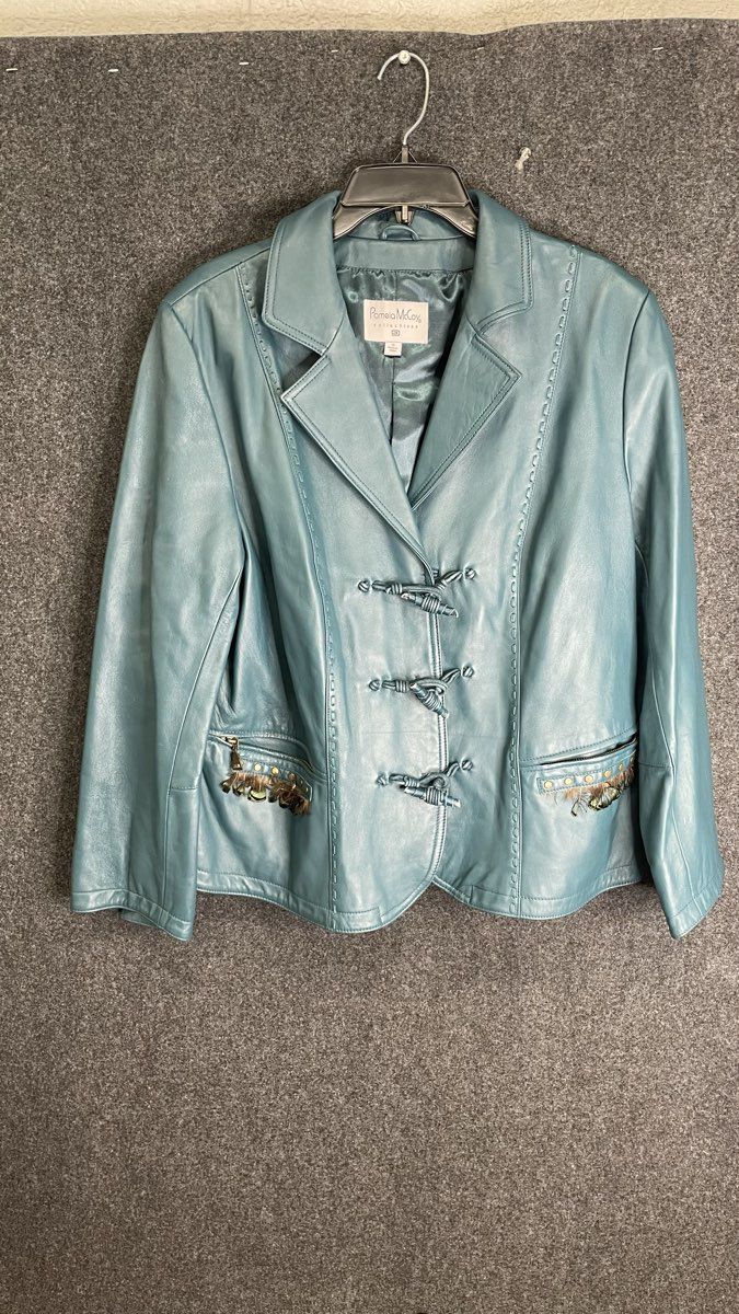 Pamela McCoy Women's Teal Genuine Leather Jacket Toggle Whipstitch Sz 1X