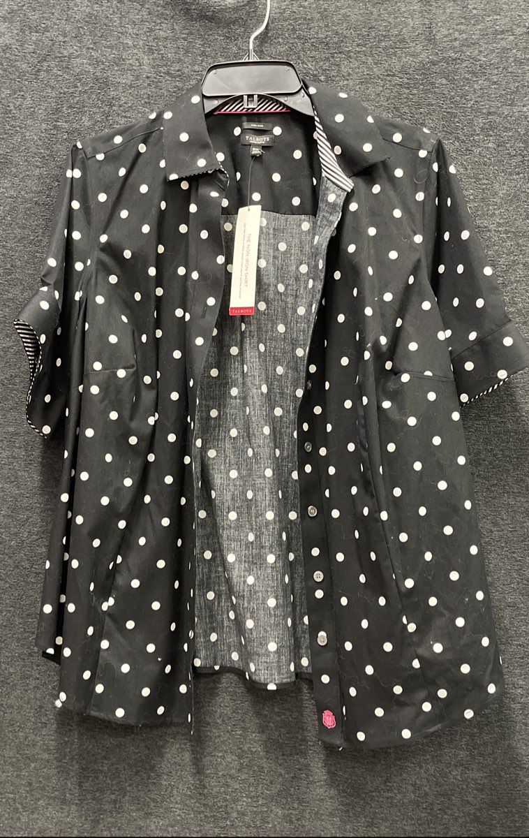 Talbots Women's Black White Polka Dot Non-Iron Short Sleeve Shirt NWT Sz 16Wp