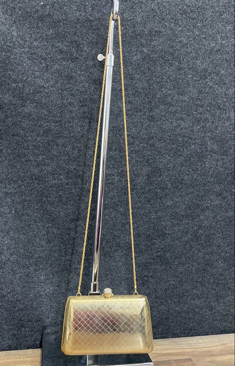 Sasha Vintage Gold Quilted Metal Minaudiere Evening Bag Clutch Rhinestone Clasp