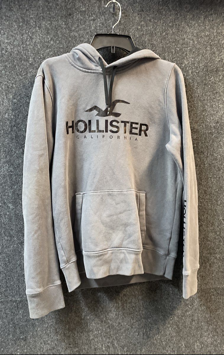 Hollister Men's Gray Logo Pullover Hoodie Fleece Kangaroo Pocket Sz M