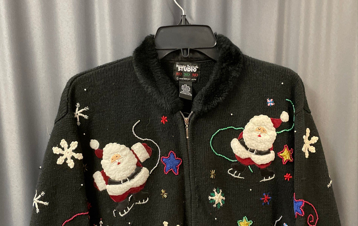 Vintage Y2K Designers Originals Studio Women's Black Santa Christmas Cardigan 2X