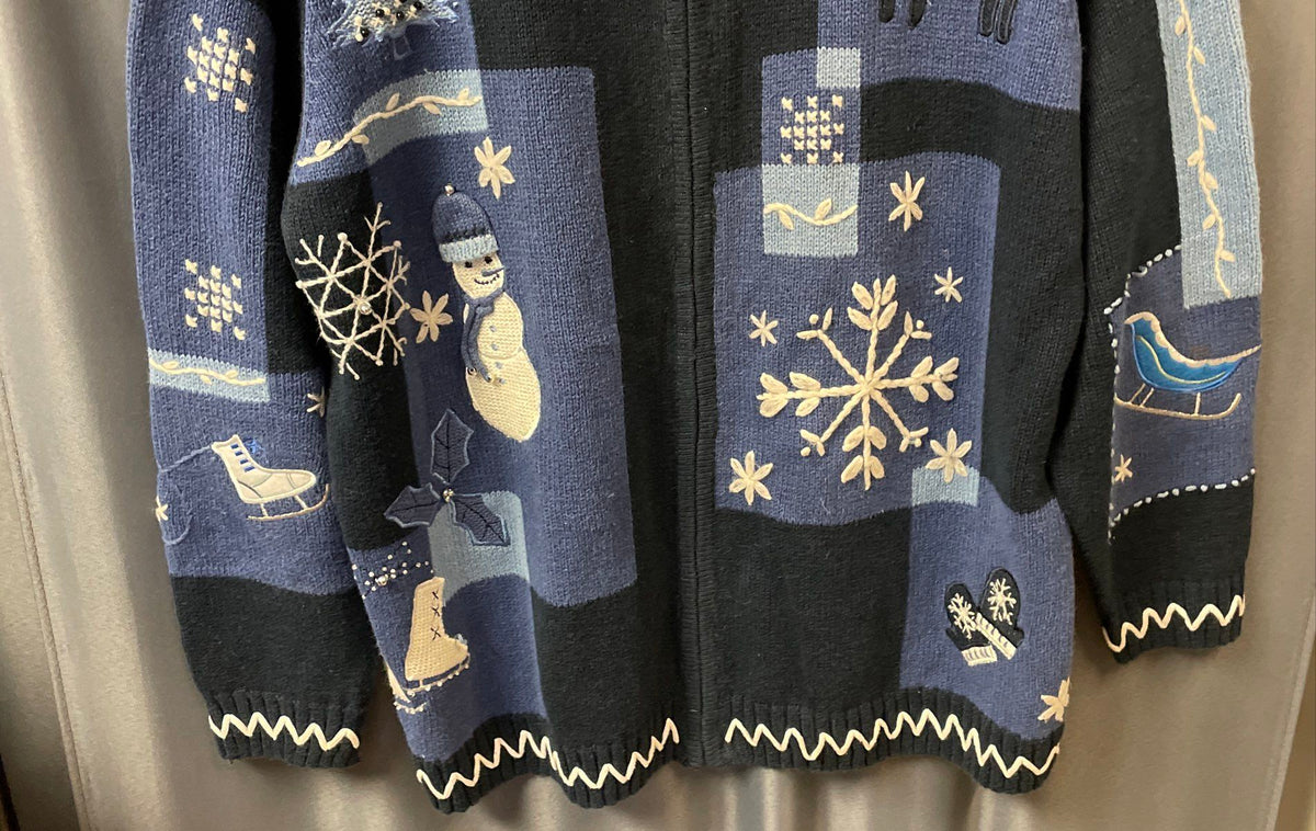 Dress Barn Woman Blue Winter Zip-Up Cardigan Snowflake Snowman Sz 14/16