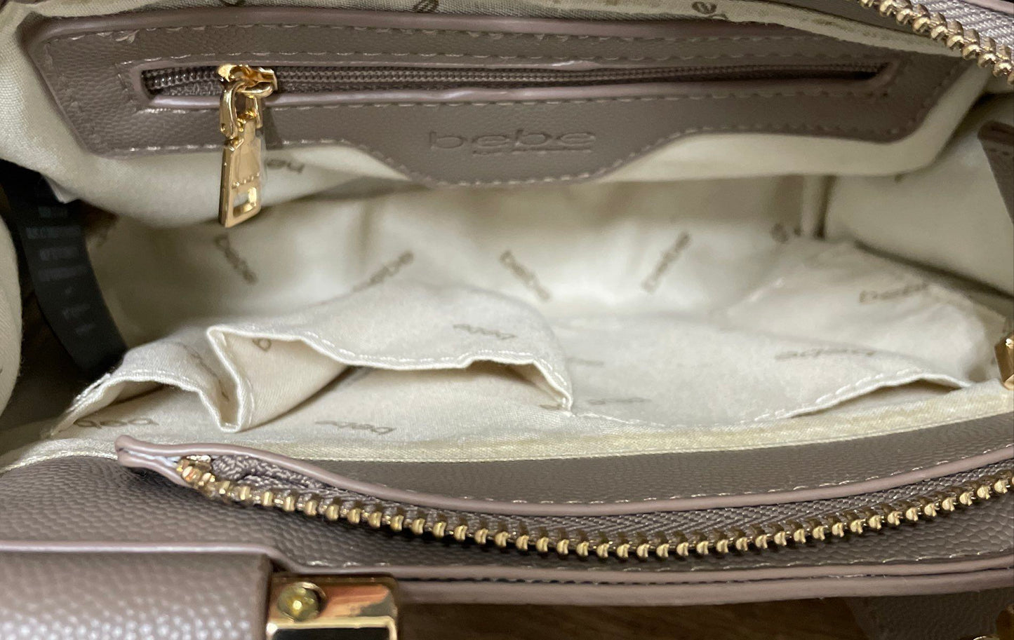 BEBE Taupe Quilted Faux Leather Satchel Crossbody Bag Gold Hardware Card Case