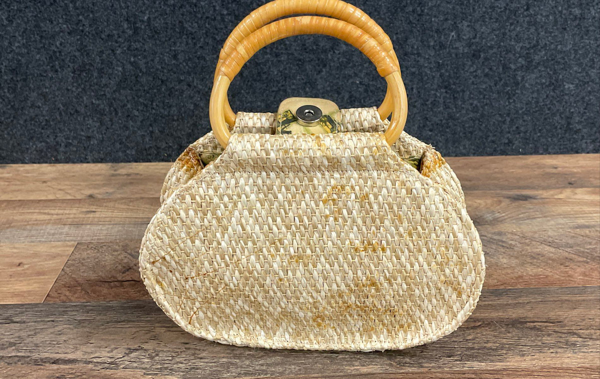 Vintage Fossil Forever Woven Straw Handbag Bamboo Top Handles Postcard Lining