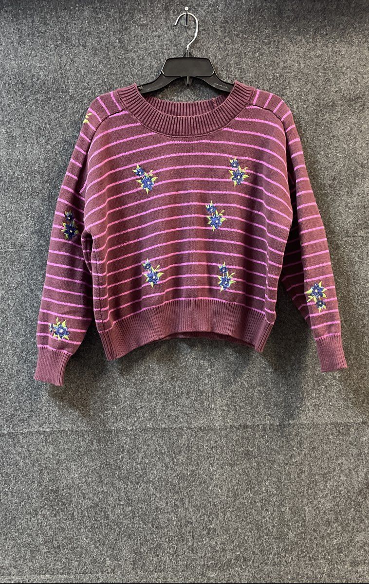 Joseph A Women's Purple Striped Floral Embroidered Crewneck Sweater Sz M