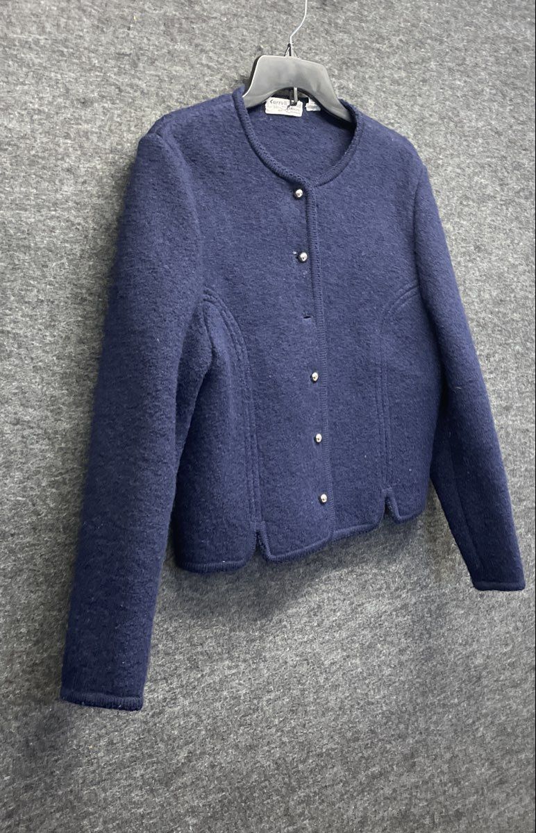 Vintage 80s Carroll Reed Women's Navy Blue Boiled Wool Cardigan Sweater Sz 14