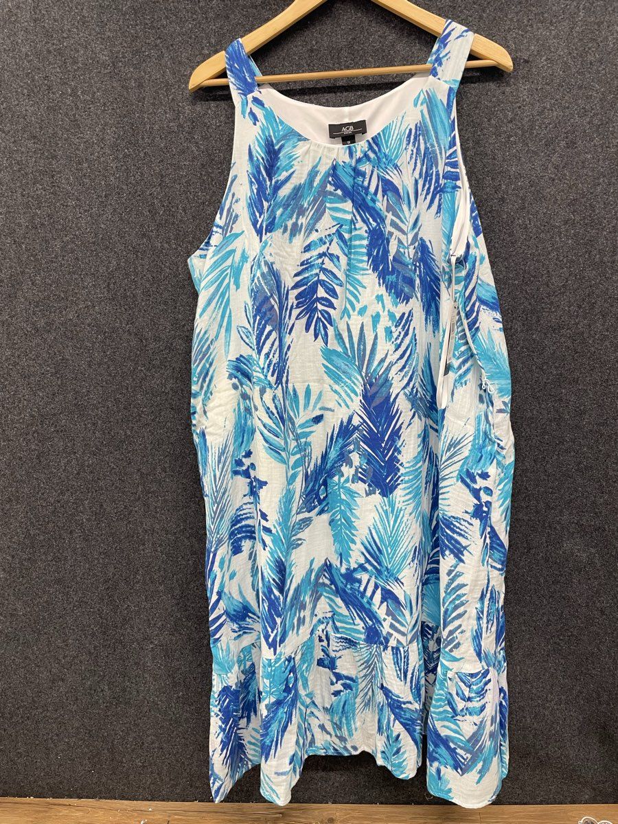 AGB Women's Blue White Tropical Palm Leaf Sleeveless Tiered Dress NWT Sz 1X