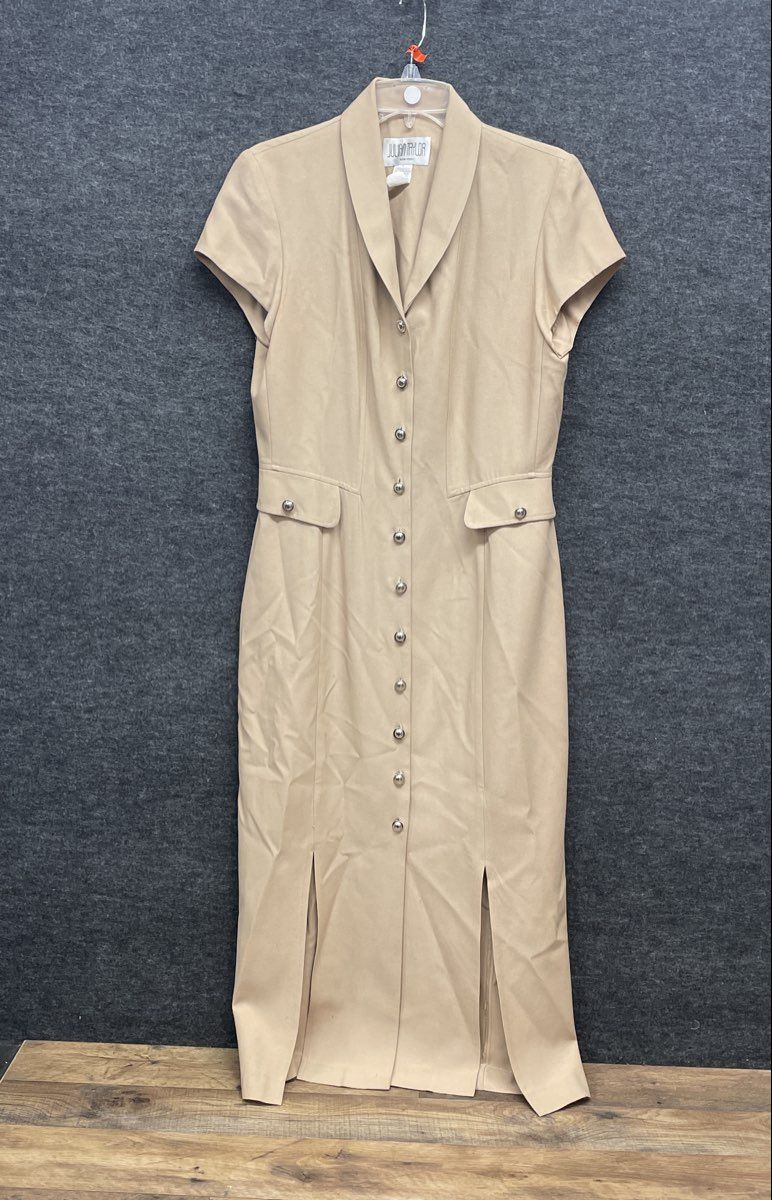 Vintage 90s Julian Taylor Women's Tan Shawl Collar Button Front Midi Dress Sz 8