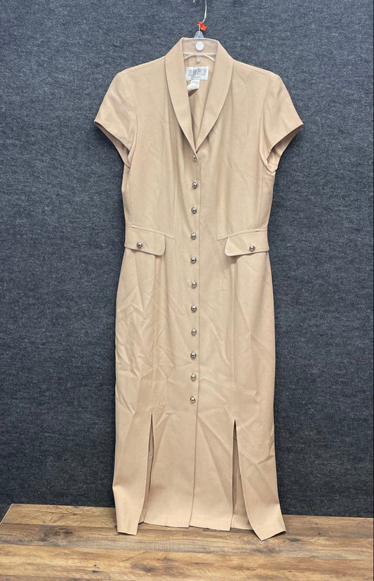 Vintage 90s Julian Taylor Women's Tan Shawl Collar Button Front Midi Dress Sz 8