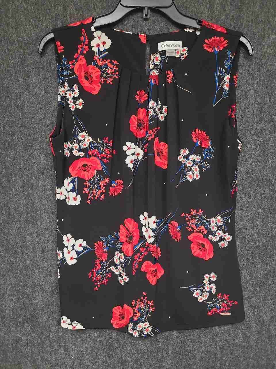 Calvin Klein Women's Black Red Floral Poppy Polka Dot Sleeveless Blouse Sz M